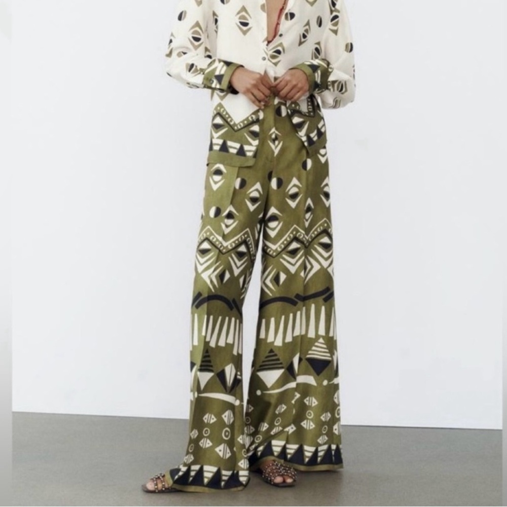 ZARA GEOMETRIC PRINT SATIN EFFECT WIDE LEG PANTS